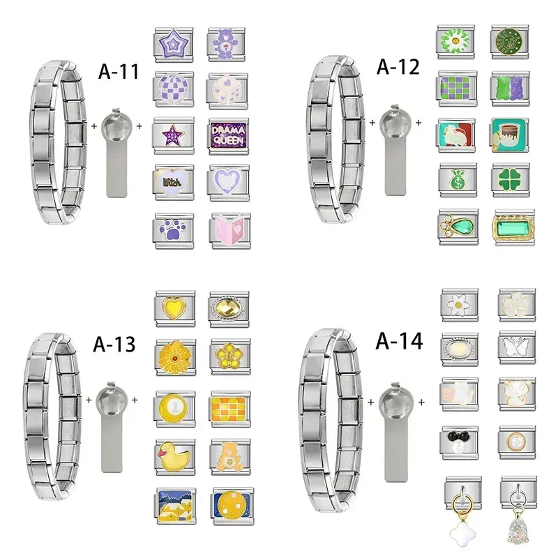 

12Pcs White Green Yellow Purple Colors Italian Charm Bracelet Set with Basic Chain and Tools For Woman Man Gifts Pack DIY Making