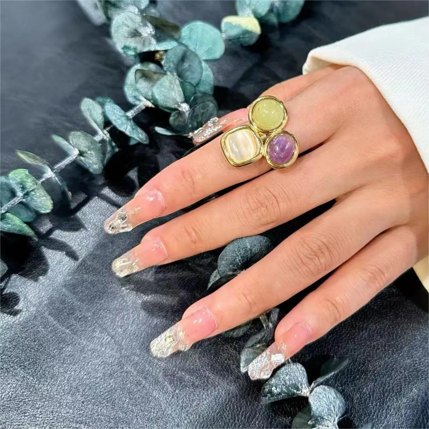 HUANZHI Irregular Tricolor Stone Ring for Women Girls Personalized Stainless Steel Fashionable Simple Open Design Jewelry