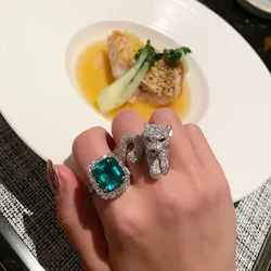 New Fashion Trend Personality Animal Leopard Ring Woman Square Green AAA Zircon Wedding Bride Luxury Jewelry Holiday Gift