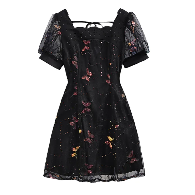 Robe noire en maille épissée pour femme, tenue courte, taille haute, à la mode, manches courtes, ample, élégante, été