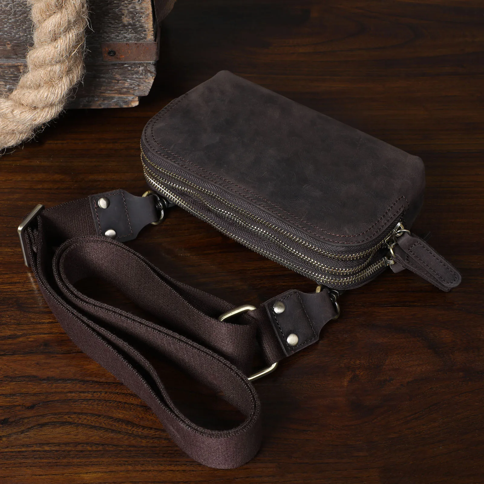 Echte Leder-Umhängetasche für Herren, Multifunktionale Clutch-Tasche, Schlichte Modische Handytasche aus Rindsleder, Oberste Schicht Rindsleder – Detail 11