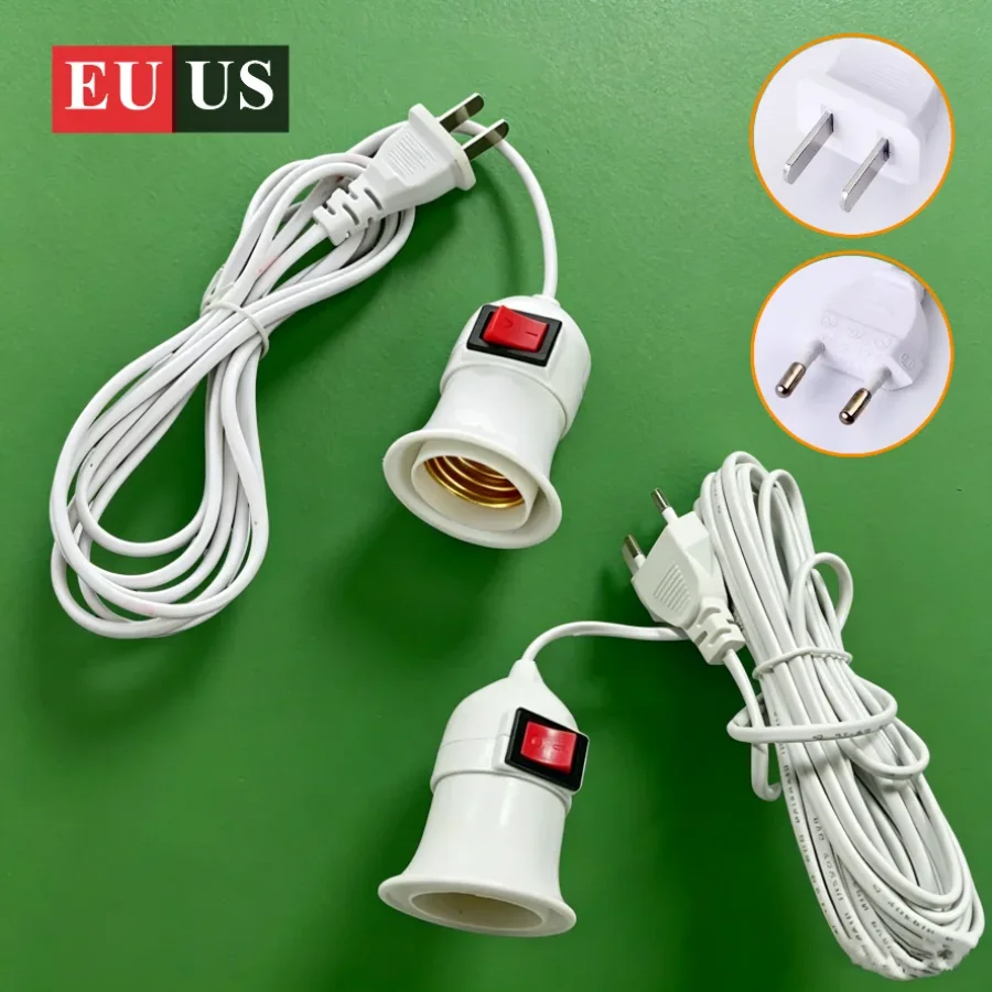 Cabo Extensor Portátil de 5m, 3m, 2m com Soquete E27 Padrão EU/US para Lâmpada E27 para Casa, Quarto, Garagem, Armazém