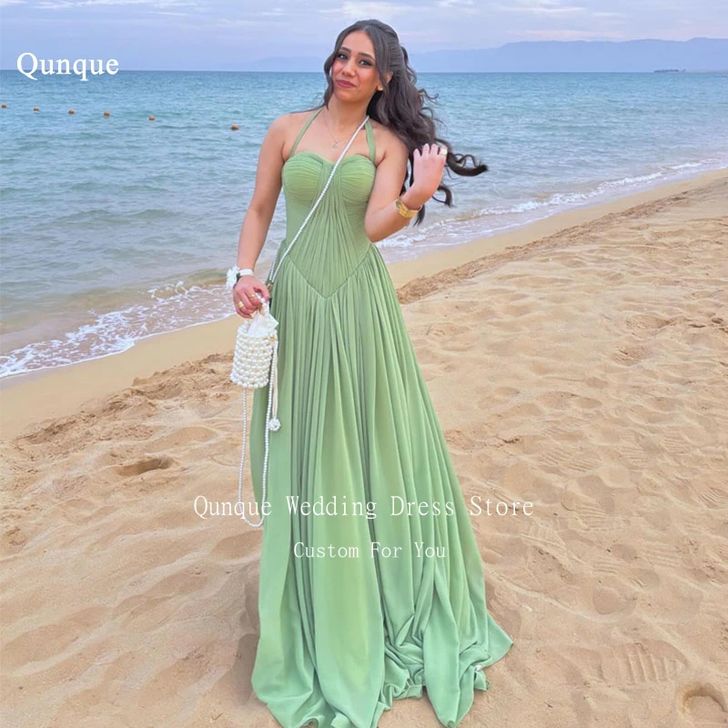 

Qunque High Quality Halter Floor Length Evening Dress Sweetheart Chiffon Pleat Vestidos De Gala Mint Green Prom Gowns Customized