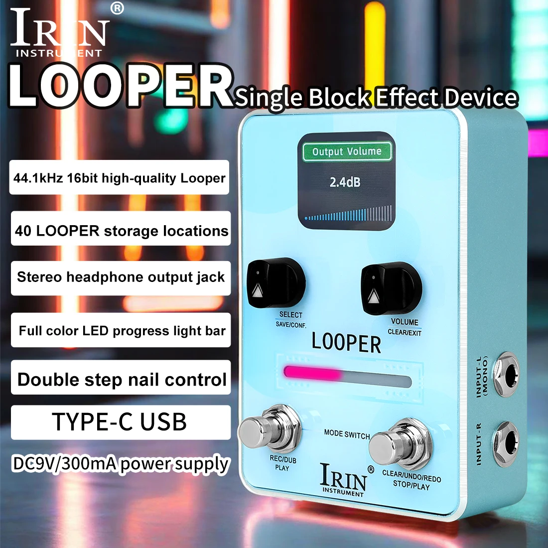 

IRIN Guitar Single Effect Pedal Phrase Loop 44.1kHz 16 Bit High-quality Loop 40 Loop Storage Locations Total Recording 160 Min