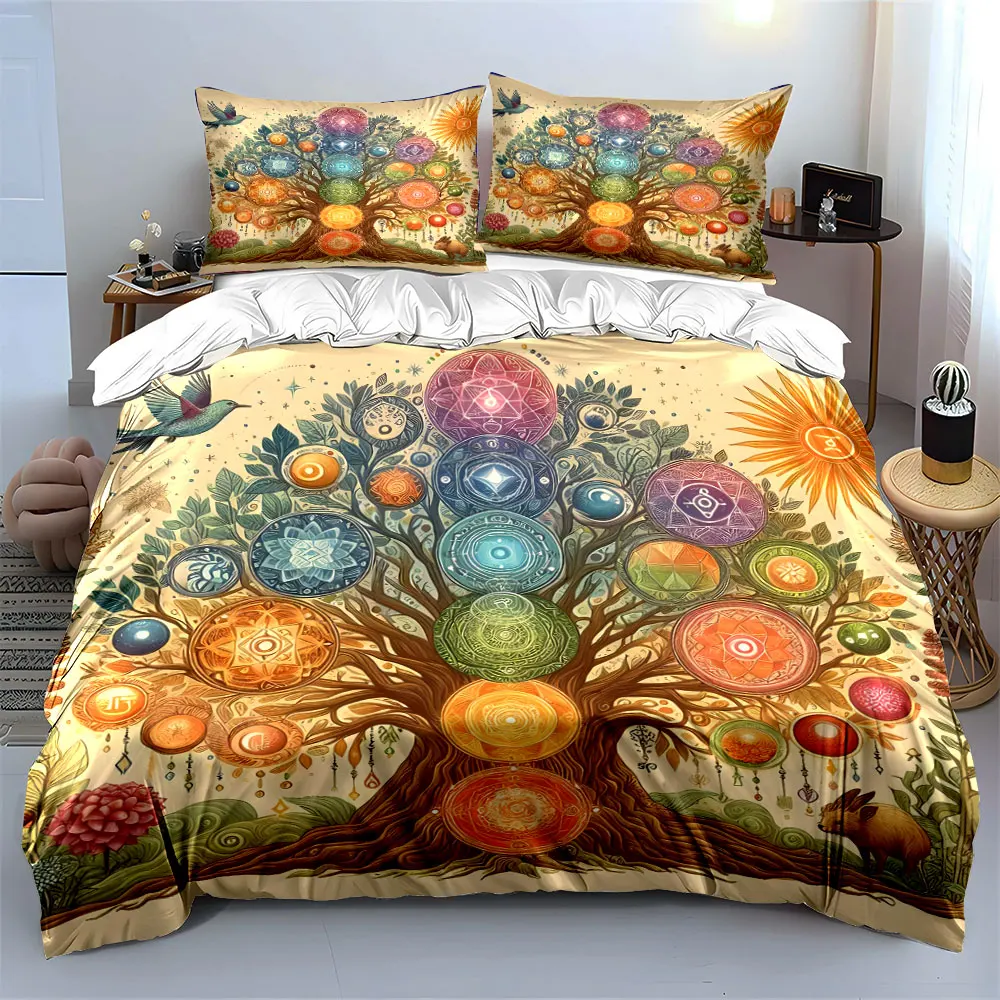 3Pcs Chakra Tree of Life Bedding Set, Colorful Chakra Symbols on a Sacred Tree Print Duvet Cover + 2 Pillowcases, Home Decor