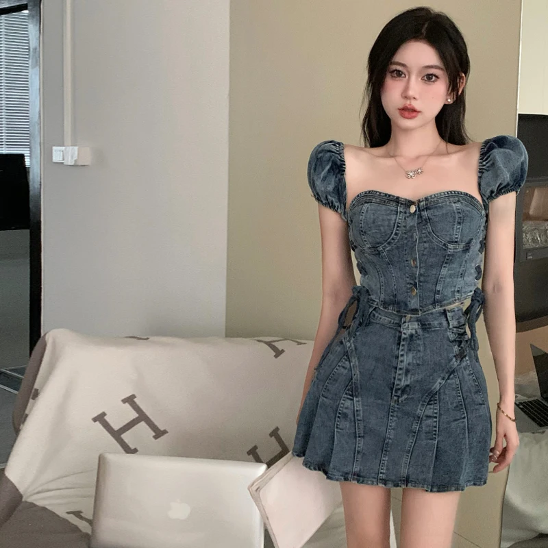 Vintage Denim Sets Women Off Shoulder Straps Mini Top+Pleated Short Skirt Fashion Summer Sexy Two Pieces Suits