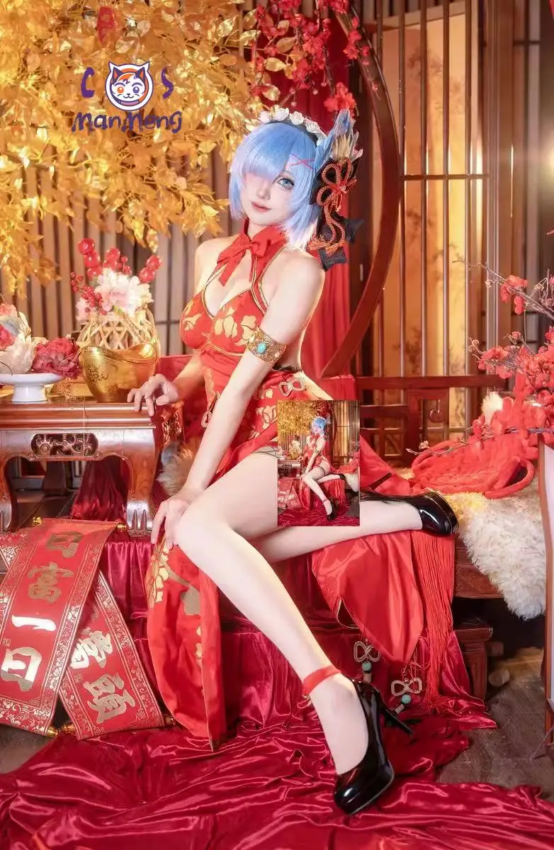 

Rem Re:Zero New Year Limited Cosplay Costume Spring Festival Edition Halloween Christmas Sexy Chinese style red cheongsam women
