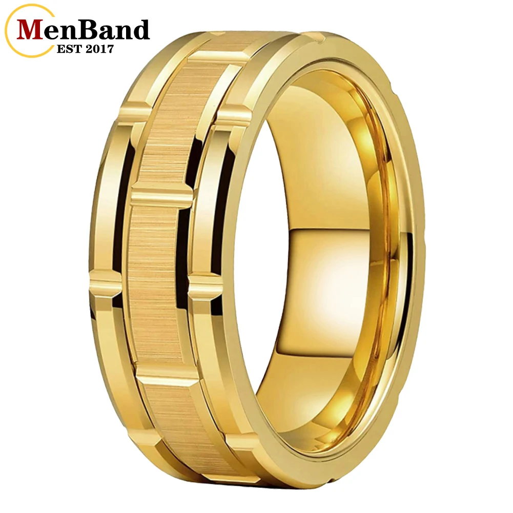 

MenBand Fashion Mens 8MM Gold Color Tungsten Carbide Wedding Ring Multi-Faceted Grooved Polished Brushed Unique Gift Jewelry