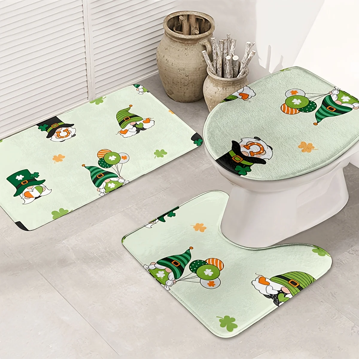 

3pc St. Patrick's Day dwarf balloon print pattern, U-shaped mat, non-slip mat, toilet seat mat, suitable for bathroom decoration