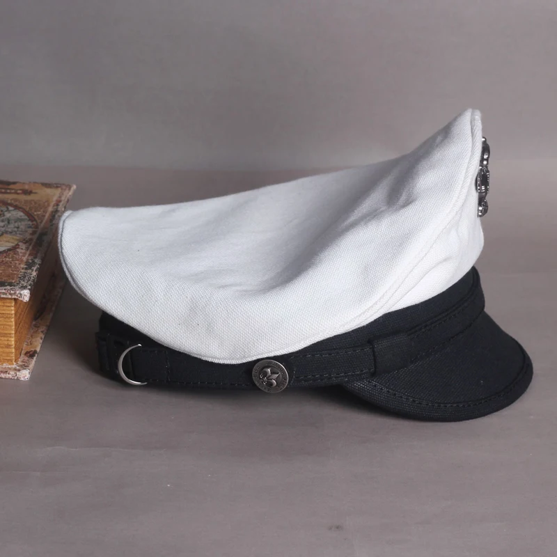 Retro Navy Peaked Sailor Cap Men Women Summer Beret Hat Male Canvas Grey Eagle Belt Locomotive German Captain Casquette