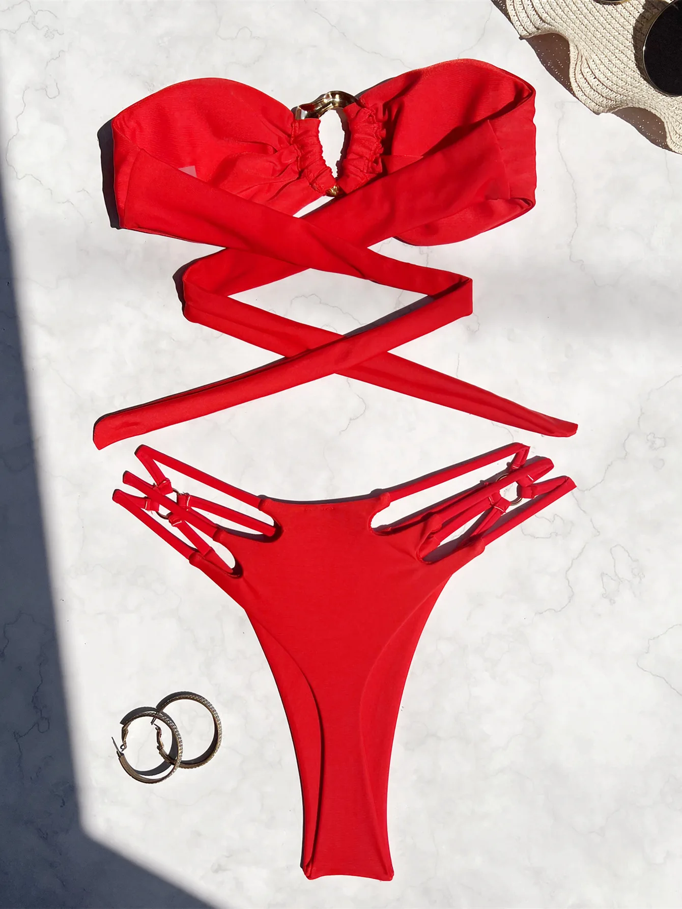 Sexy solid red bandeau bikini set due pezzi ring tie vita alta imbottito costume da bagno beach wear donna perizoma bikini costumi da bagno