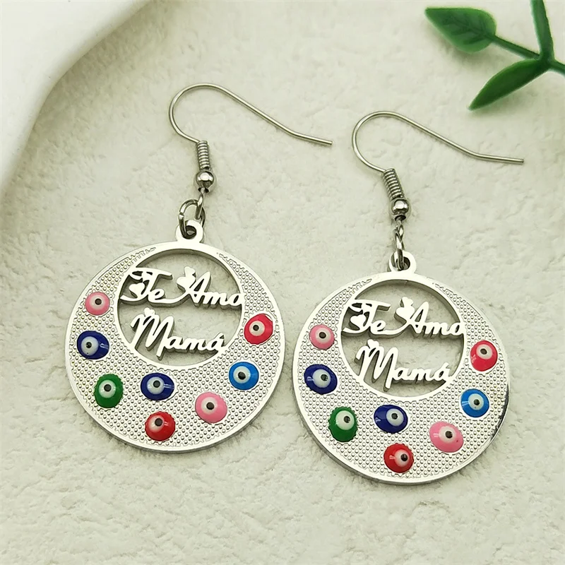 

Mama Love U Dangle Earrings For Women Men Stainless Steel Gold Color Female Evil Turkish Eyes Earring Jewelry Gifts
