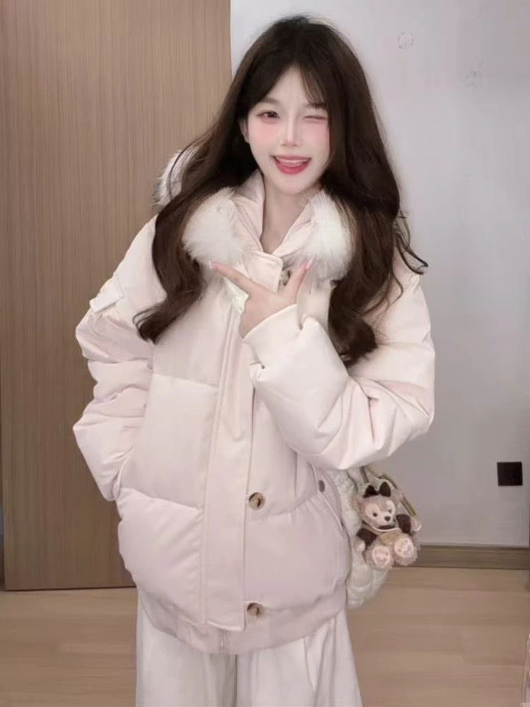 2026 Women Faux Fur Collar Winter Parka Warm Cotton Padded Jacket Korean Fashion Y2K Vintage Casual Streetwear Outerwear Coat