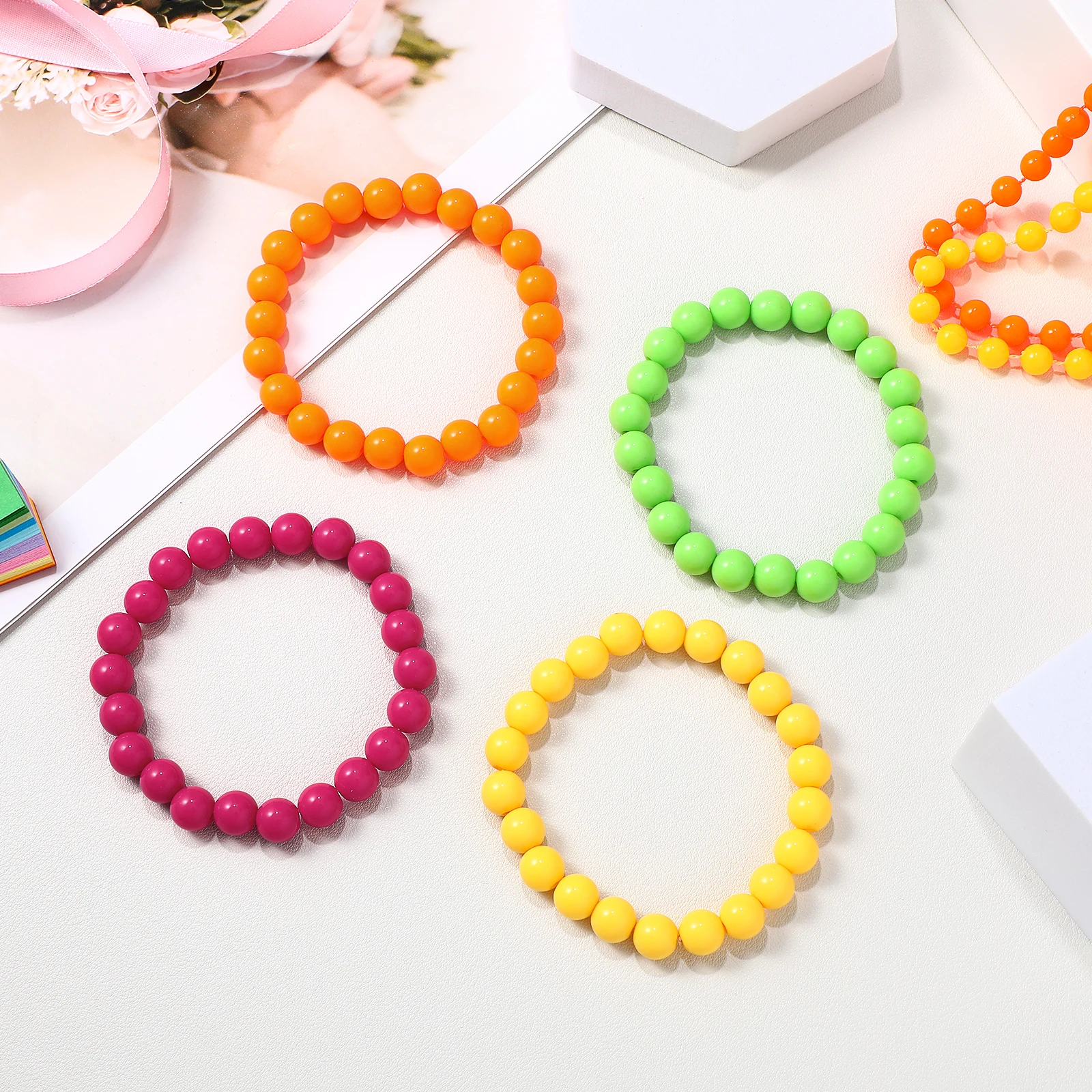 

8PCS Connected Beads Necklace Bracelet Set Neon Colorful Beads String Collar Charm Bohemian Fluorescent Choker Halloween Party