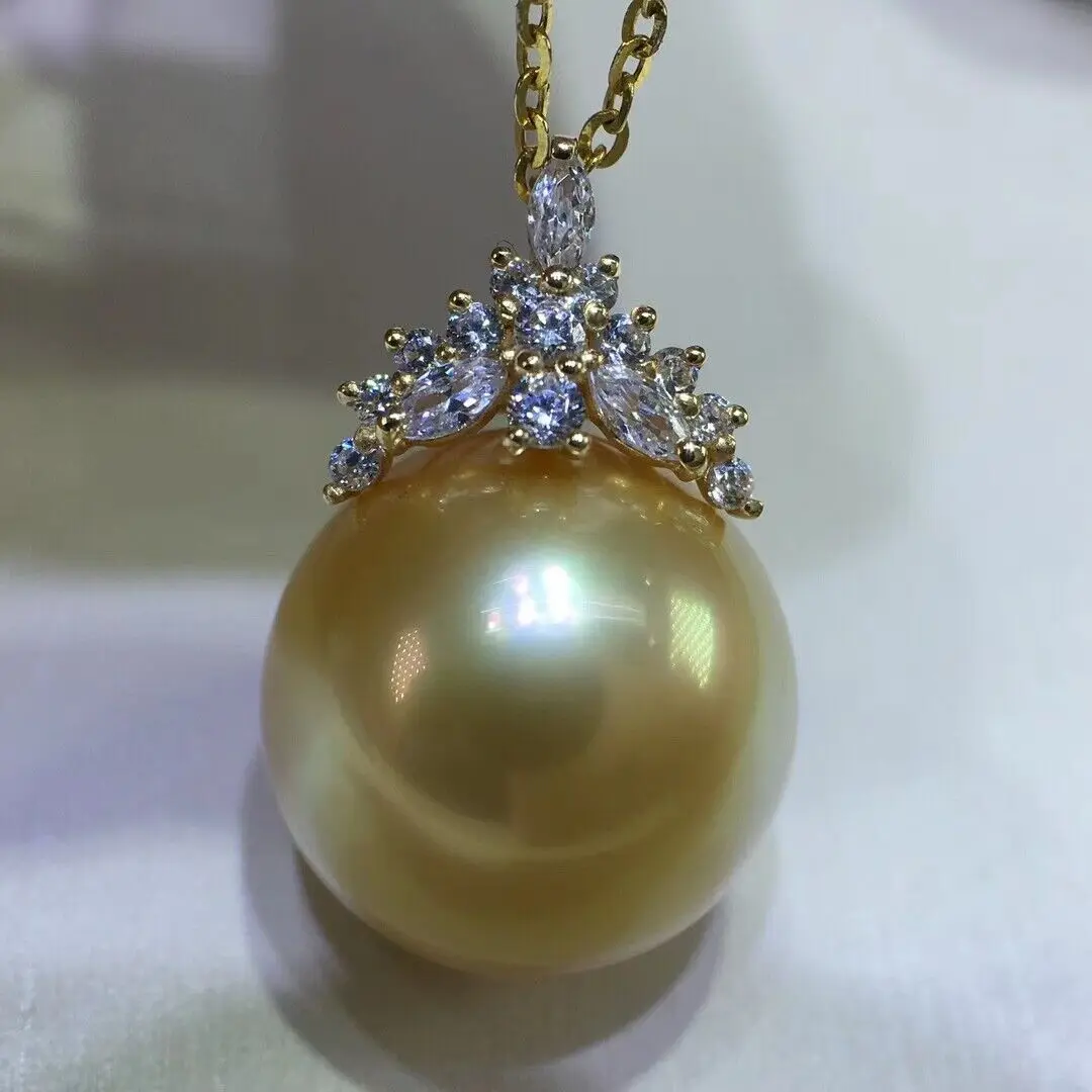 

Gorgeous AAAA 10-11mm South China Sea Golden Round Pearl Pendant Necklace 925 s