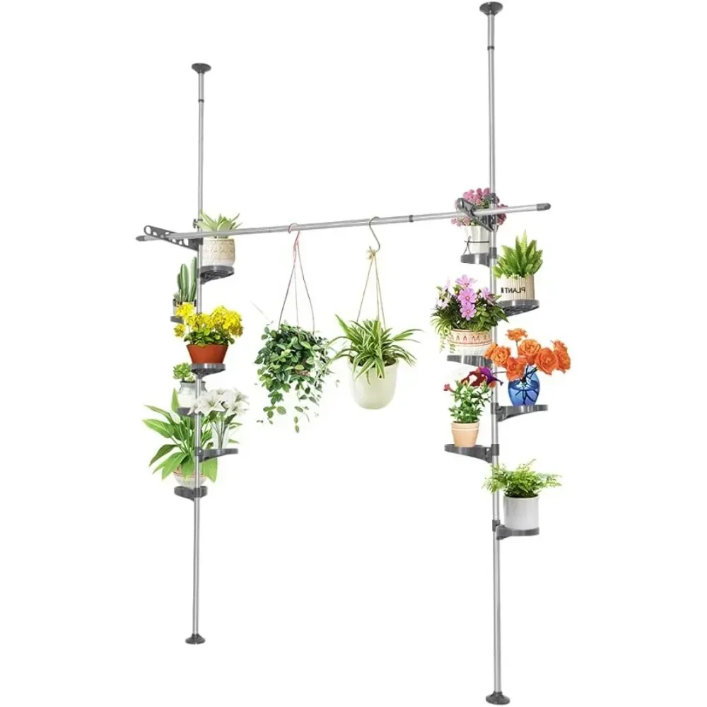 

Plant Pole Stand Double Tension Rod Flower Pot Storage Shelf Holders Floor to Ceiling Display Rack Hanger with 12Trays,2 Hooks&1