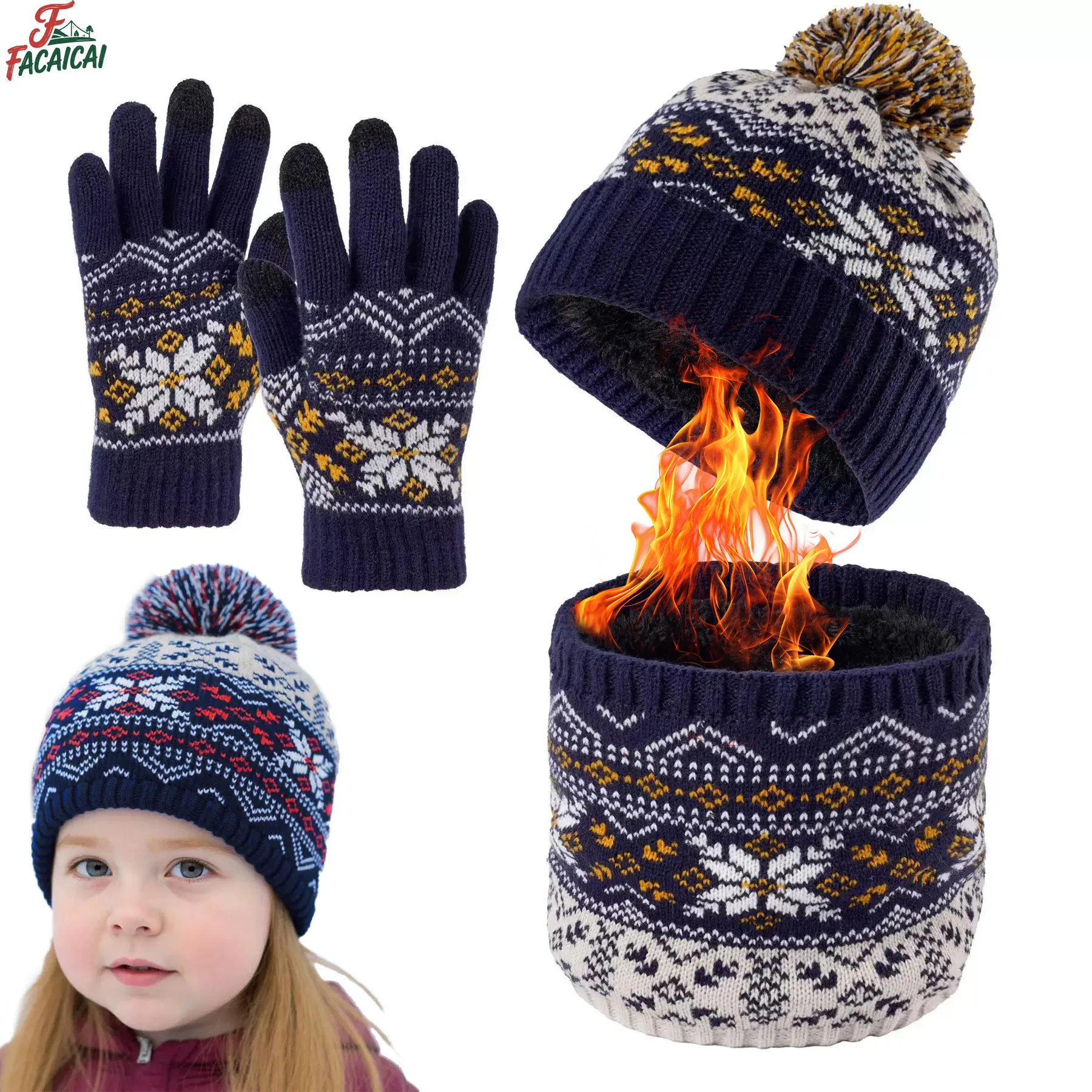 

Kids Beanie Hat Scarf Gloves Set Infant Knitted Cap Winter Warm Gloves Fleece-Lined for Outdoor Christmas Gift