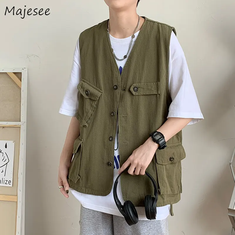 

Waistcoats Men Vests Cargo Clothes Multi Pockets Teens Students All-match Japanese Style High Street Hipsters Pure Baggy V-neck