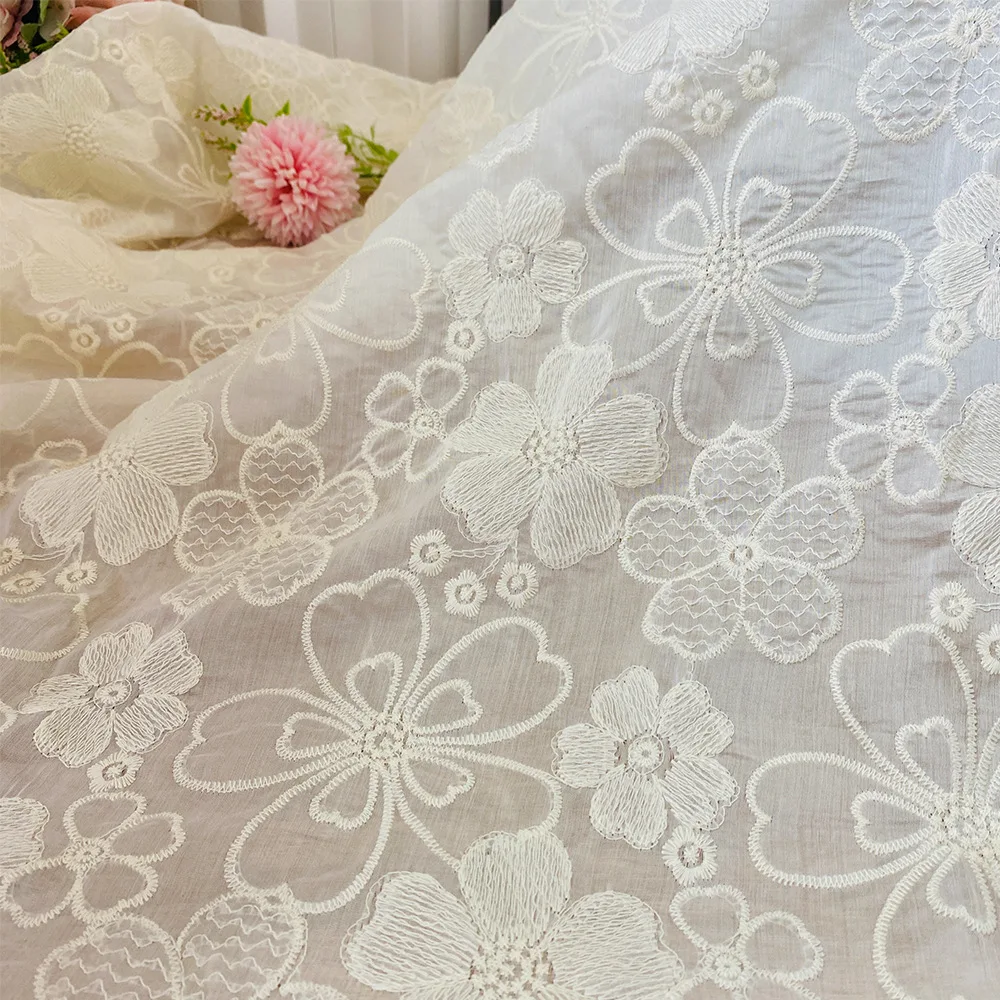

Flowered cotton thread embroidered lace thin yarn fabric used for wedding dresses, home decoration, and designer fabrics
