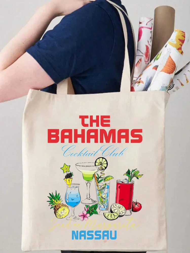 

1pc Vintage Bahama Pattern Canvas Tote Bag Large Capacity Portable Storage Shoulder Bag Lunch Box Reusable Shopping Bags
