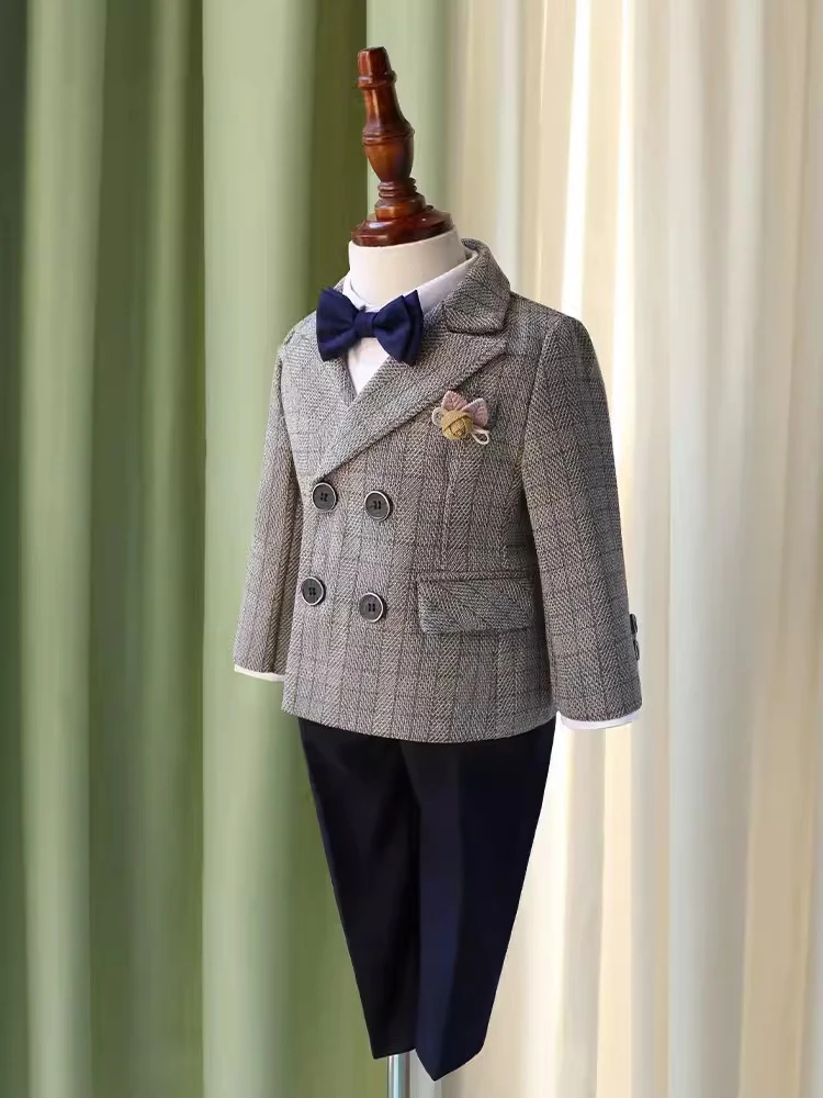 Boys Formal Plaid Dress Suit Set Child Wedding Birthday Party Performance Photography Costume Kids Blazer Pants Bowtie Clothes
