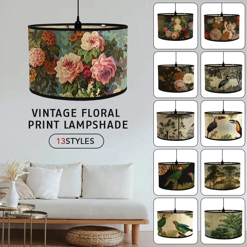 

European Vintage Lampshade Flower Bird Landscape Painting Bamboo Woven Japanese Home Decorative Chandelier Protective Cover