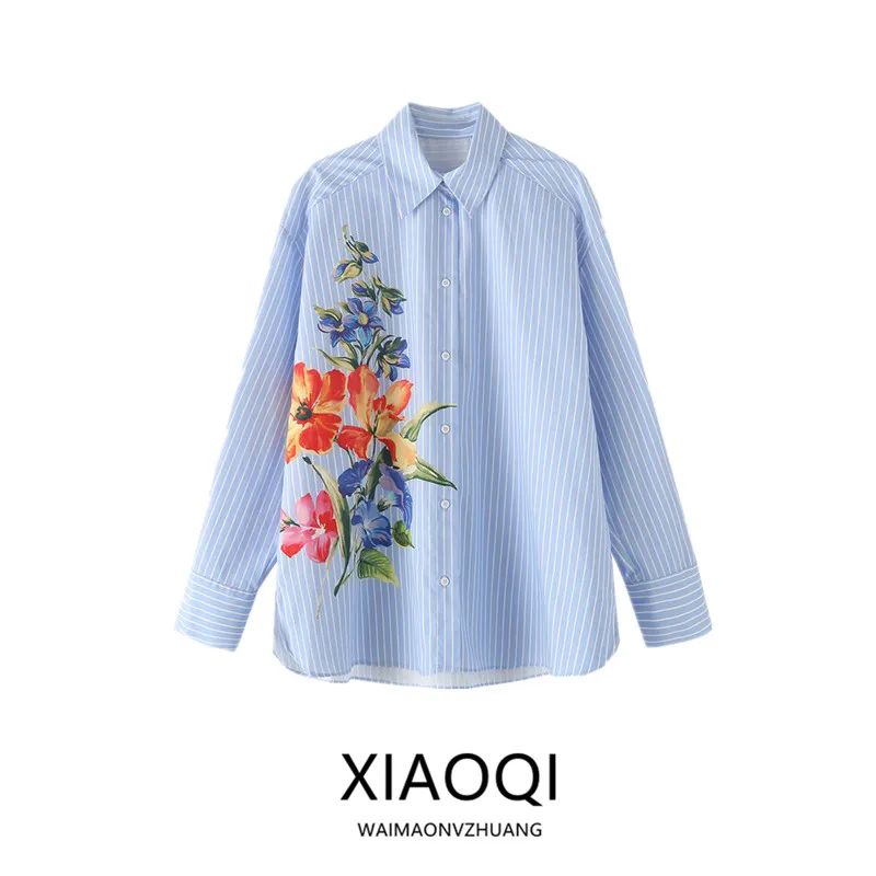 유행 줄무늬 꽃 긴 소매 턴 다운 칼라 여성 셔츠 다목적 가을 새로운 도착 루즈 피트 프리미엄 품질