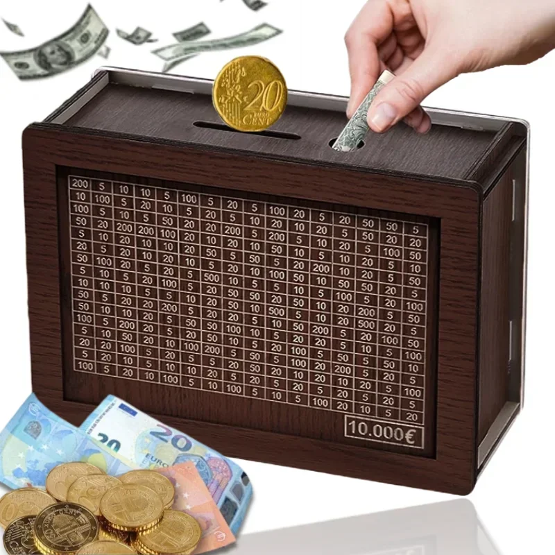 1000/2000/3000/5000/10000 Euro Money Box Wooden Piggy Bank Money Vault Savings Box Challenge Cash Storage Case