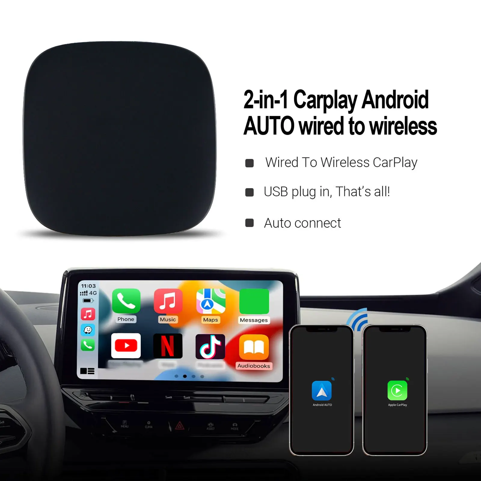 Caja de Ia automática para ver vídeos de YouTube, Netflix, TIKTOK, Android, 2 en 1, con cable a Carplay inalámbrico, adecuado para Apple y Android