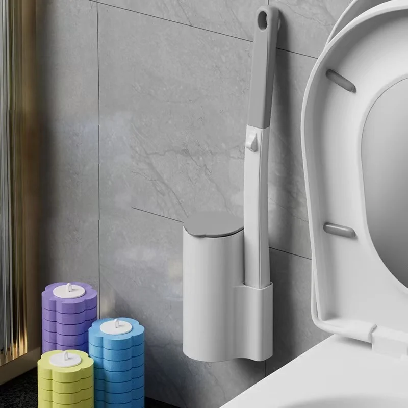 Set de cepillo de inodoro con cabezal desechable mejorado, kit de limpieza higiénico con mango largo para baño en el hogar y accesorios de WC. Fácil de usar, práctico para mantener el baño limpio, ideal para eliminar b