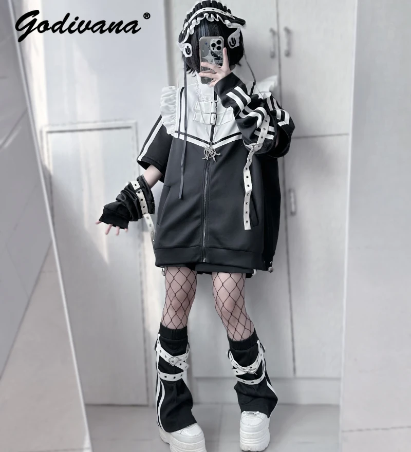 2024 new Y2K Subculture Removable Sleeve Jacket Coat Mine Series Zipper Oversized hoodie Coat Shorts and Leg Warmer Outfits