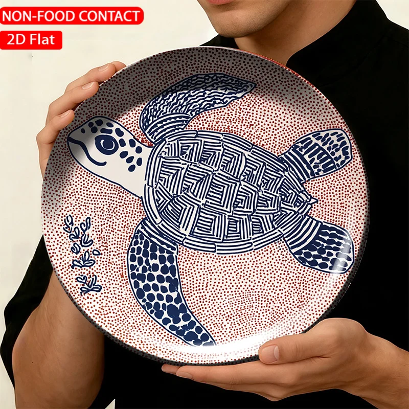 1pc FORJN Ceramic Sea Turtle Plate - Round Blue Sea Turtle Wall/Table Decor, Non-Food Contact Suitable for Decoration in