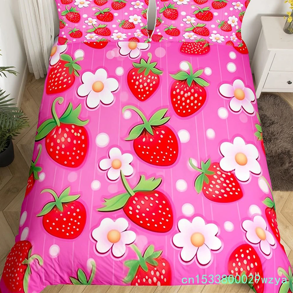 Kids Pink Strawberry Duvet Cover King Queen Mushroom Bedding Set For Girls,Kawaii Fruit Comforter Cover Watercolor Quilt Cover
