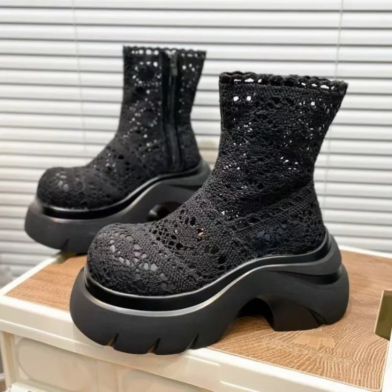 

Кружевные повседневные летние дышащие ботинки на платформе, модные женские ботинки на толстой подошве с боковой молнией, увеличивающие рост, женские дышащие ботинки