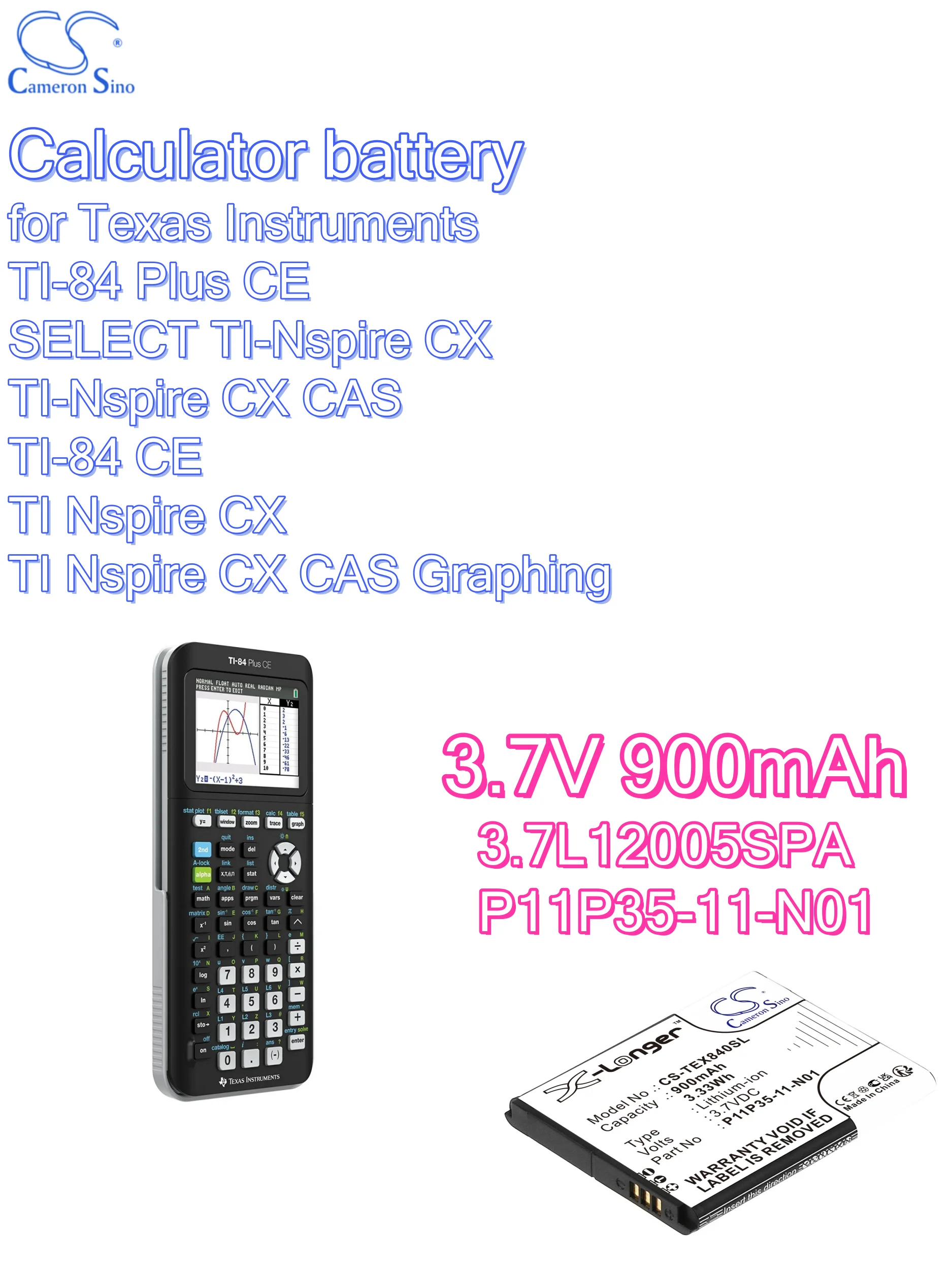 battery Cameron Sino Calculator 3.7V 900mAh for Texas Instruments  TI-84 Plus CE SELECT TI-Nspire CX TI-Nspire CX CAS TI-84 CE