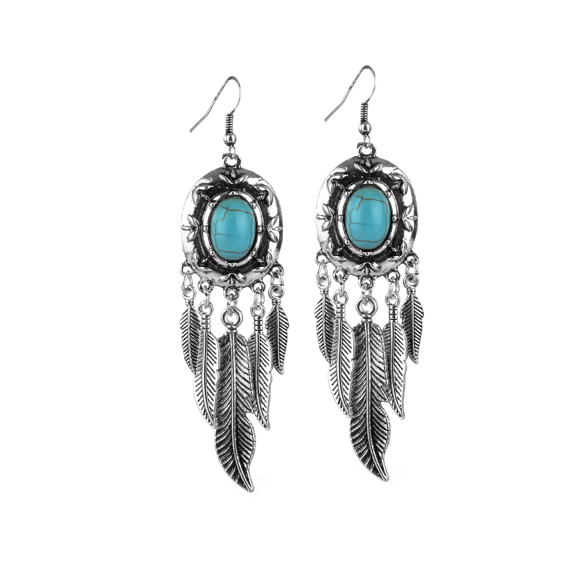 Natural Turquoise Earrings Carved Gemstone Fashion Accessories 925 Silver Luxury Stone Charm Real Jewelry Feather Amulet