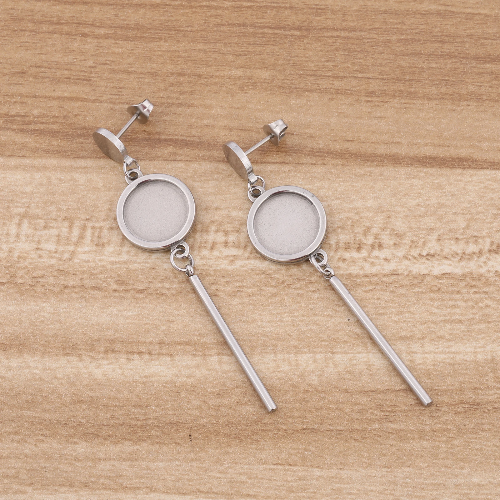 6pcs Stainless Steel Fit 12mm Cabochon Earring Setting Blanks With dangle bar Diy Post Earrings Bezel Studs Findings image 5