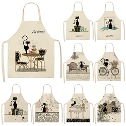 Black White Cat Letter Kitchen Aprons For Women Cotton Linen Bibs Household Cleaning Pinafore Home Cooking Apron 55x68cm