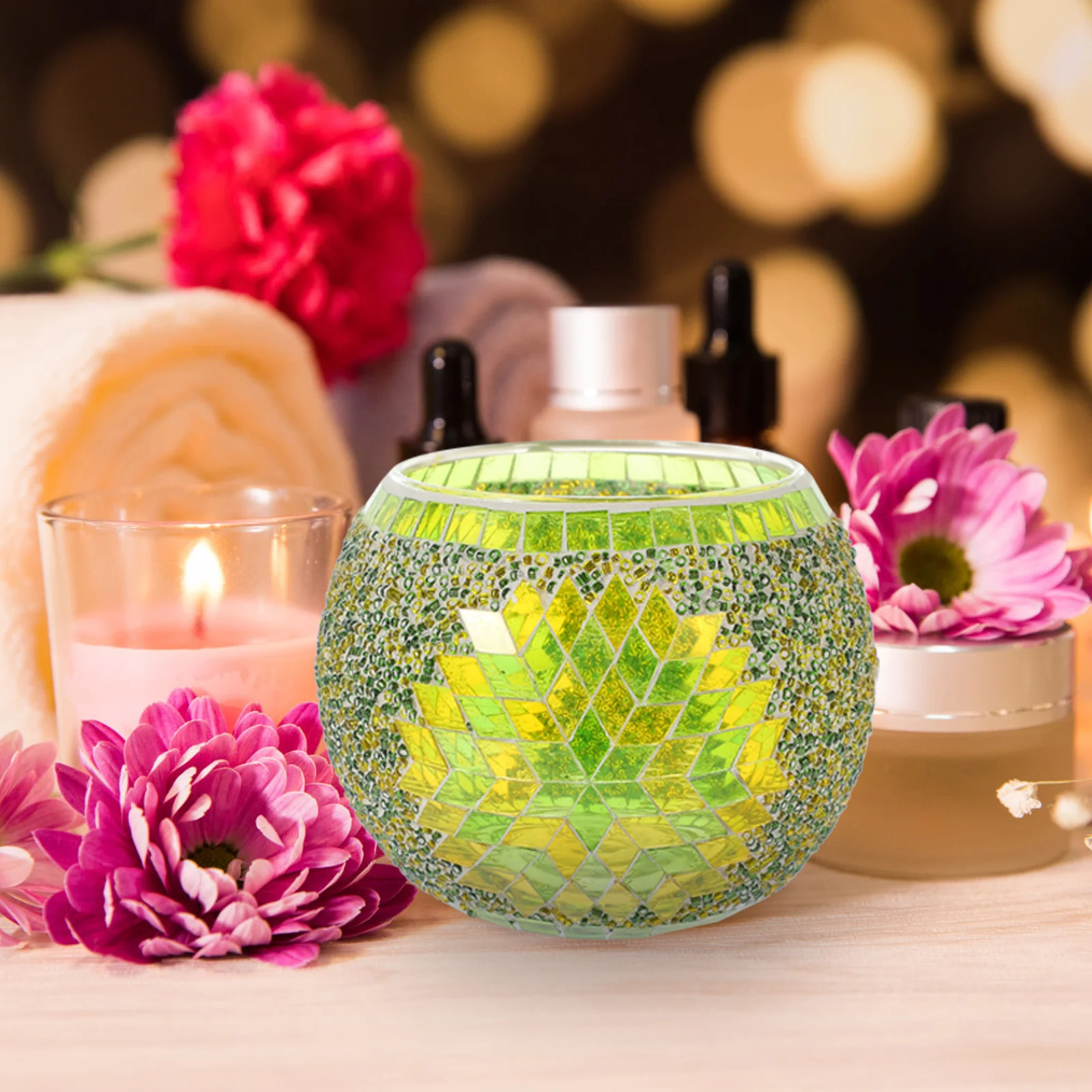 European Style Handmade Mosaic Glass Holder Green for Tea Light Home Decor Wedding Party Gift Unique Design Shiny Bowl
