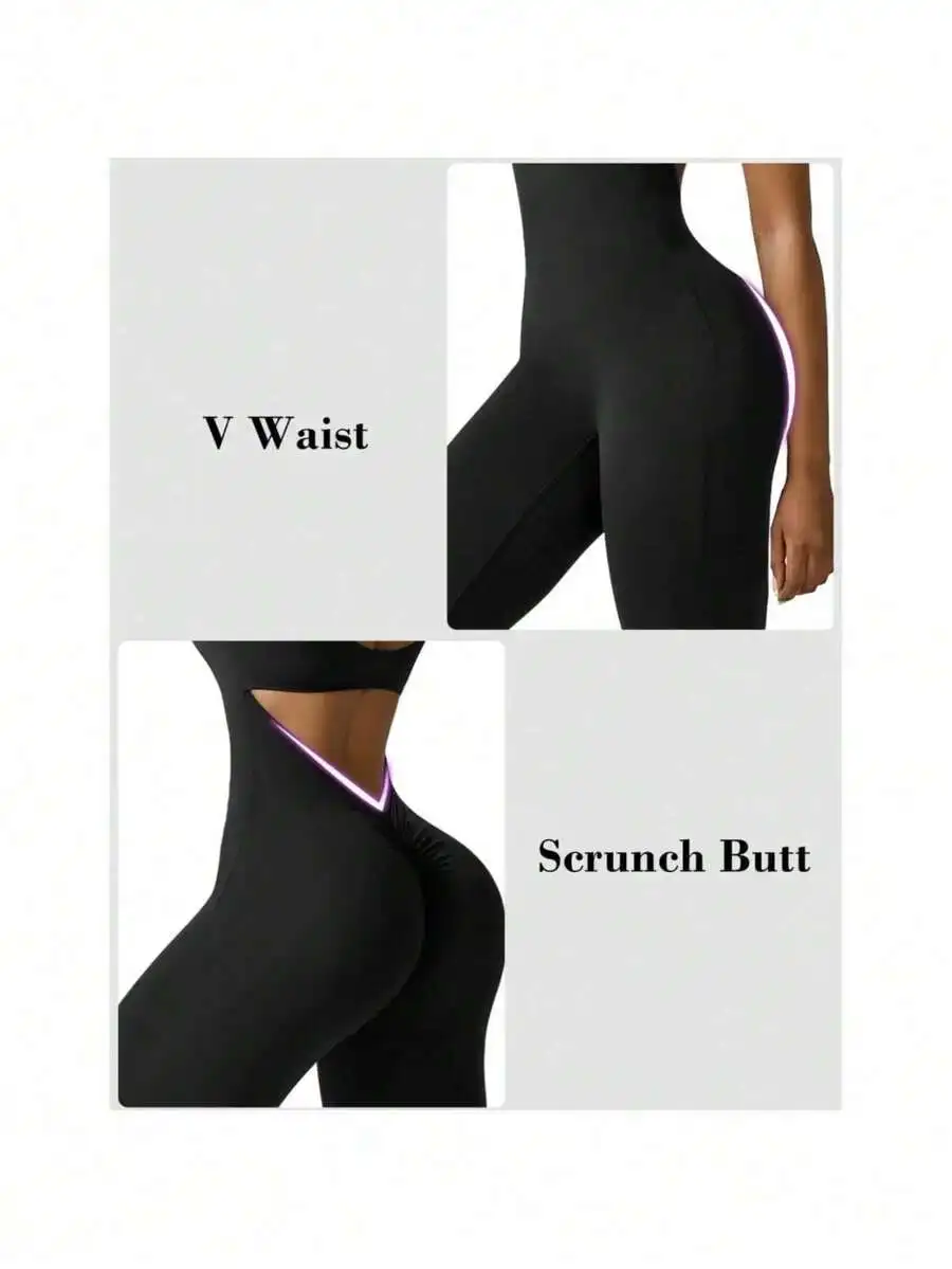 

Women High Waist V Backless Bodycon Jumpsuit With Scrunch Butt Flare Pants