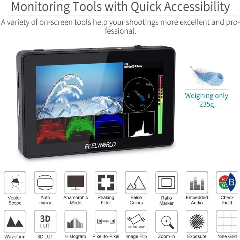 FEELWORLD F6 PLUS V2 6 Inch 3D LUT Touch Screen DSLR Camera Field Monitor IPS FHD 1920x1080 Video Focus Assist with Tilt Arm