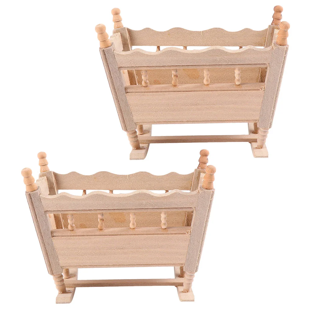 2 Pcs House Cradle Bed Tiny Accessories Mini Baby Crib Miniature Rocking Bassinet Decorate