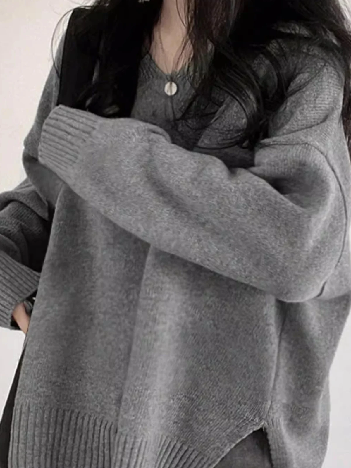 

Korean Chic Pure Color Loose Long Knitwear round Ne Open Split Casual Sle Autumn Winter New Arrival Women's Sweater