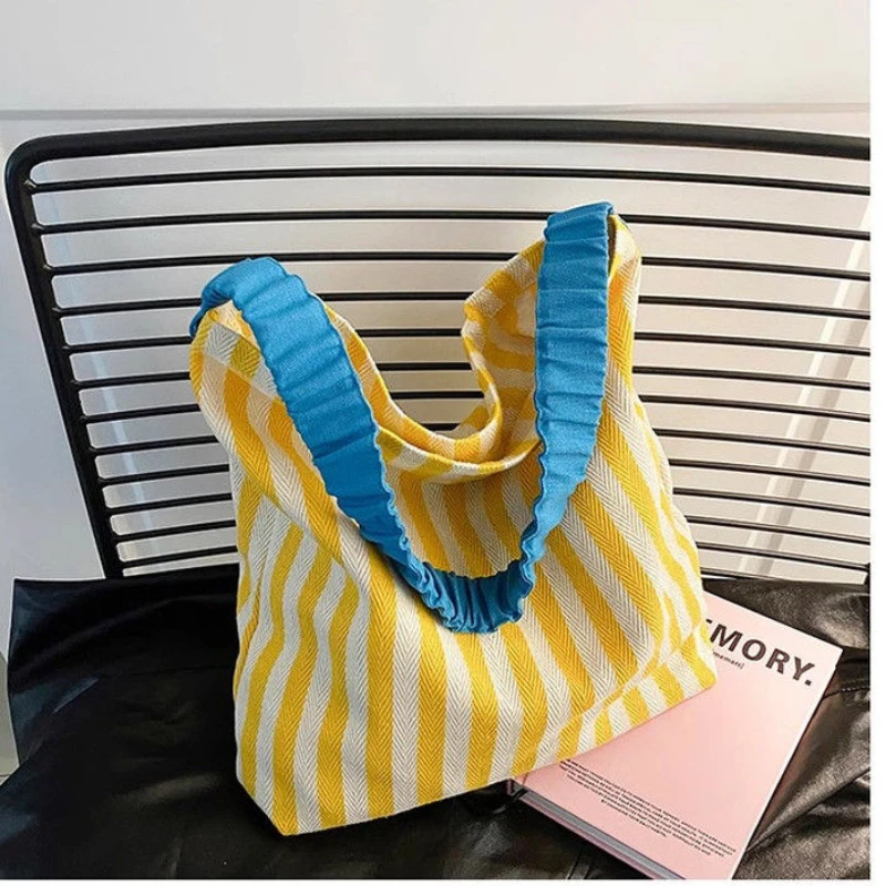 

Striped Canvas Tote Bags for Women Medium Fabric Shoudler Bag for Work and Shopping Womens Beach Bag
