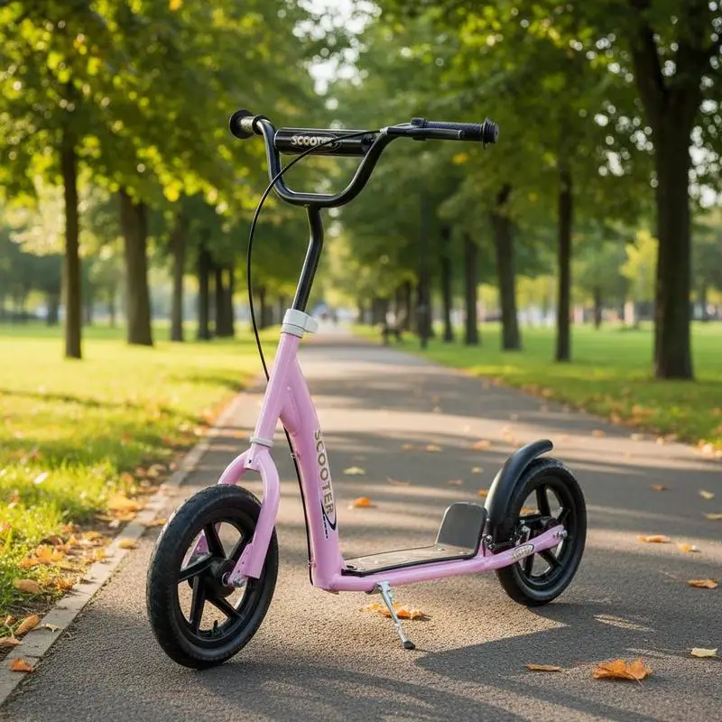 

Kick scooter for children, with handbrake, kickstand, 12-inch wheels, ages 5 and up, steel, pink, 120 x 52 x 88 cm