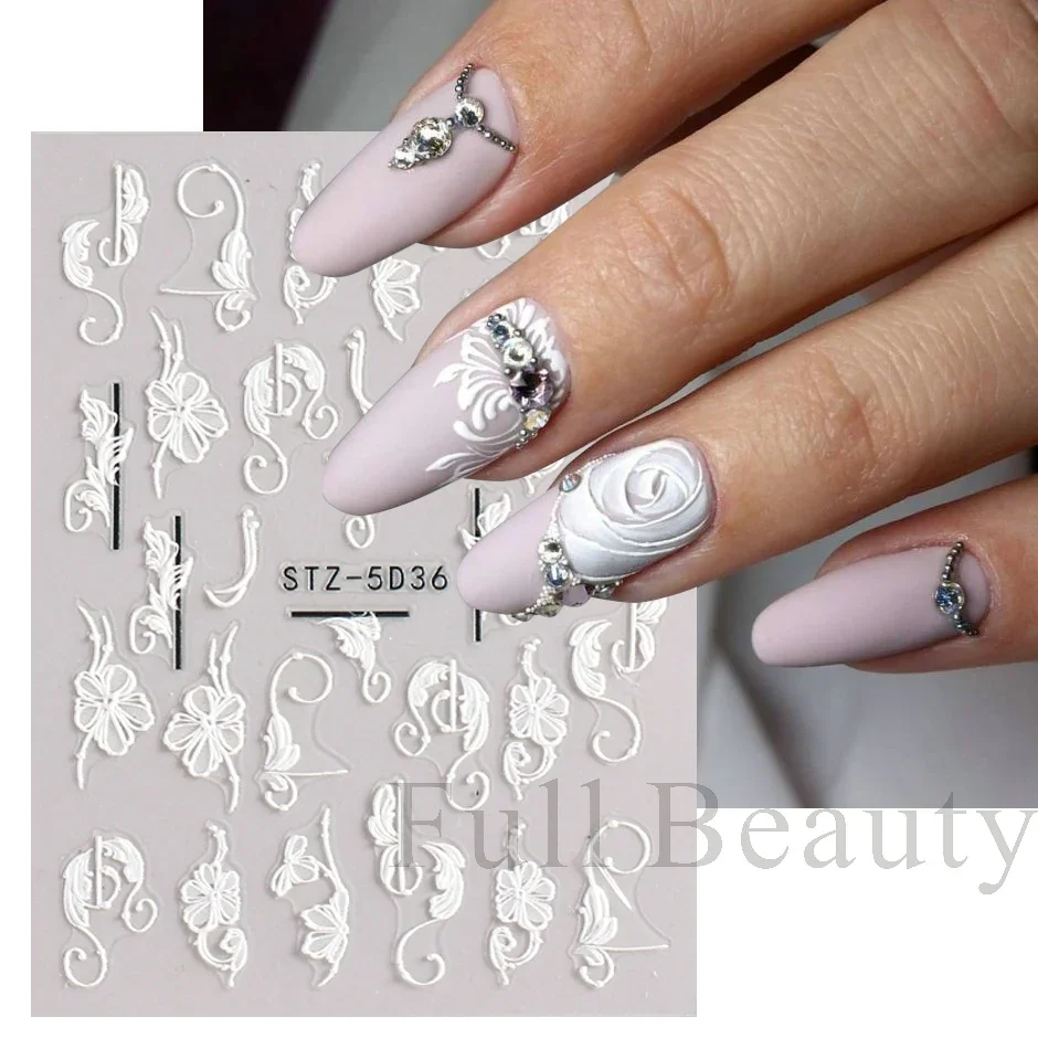 5D Simple Flowers Nail Embossed Stickers Elegrant Wedding Design Adhesive Sliders Summer Textured Engraved Decoration LYSTZ5D-30