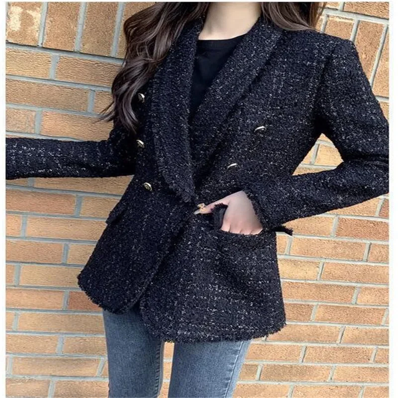 Women Fashion Tweed Double Breasted Black Blazer Coat Vintage Long Sleeve Flap Pockets Female Outerwear Chic Suit Femme