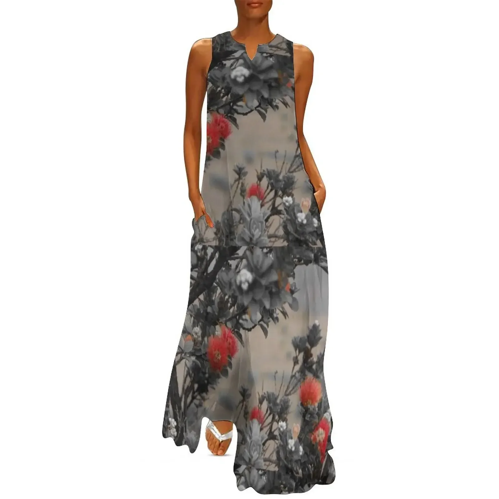 

Black and White Beautiful Red Hawaiian Flower Ohi'a Lehua From Big Island Hawaii Long Dress women's summer clothing 2025 Dress