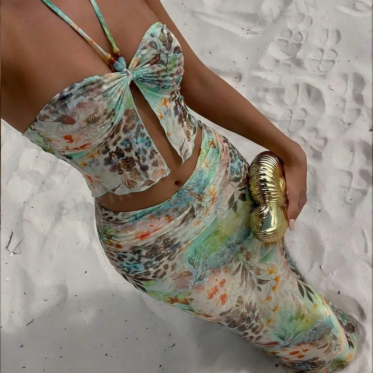Women 2Pcs Floral Leopard Print Beach Outfit Halter Tie Cutout Crop Top Long Mesh Wrap Skirt Summer Vacation Cover Up Set