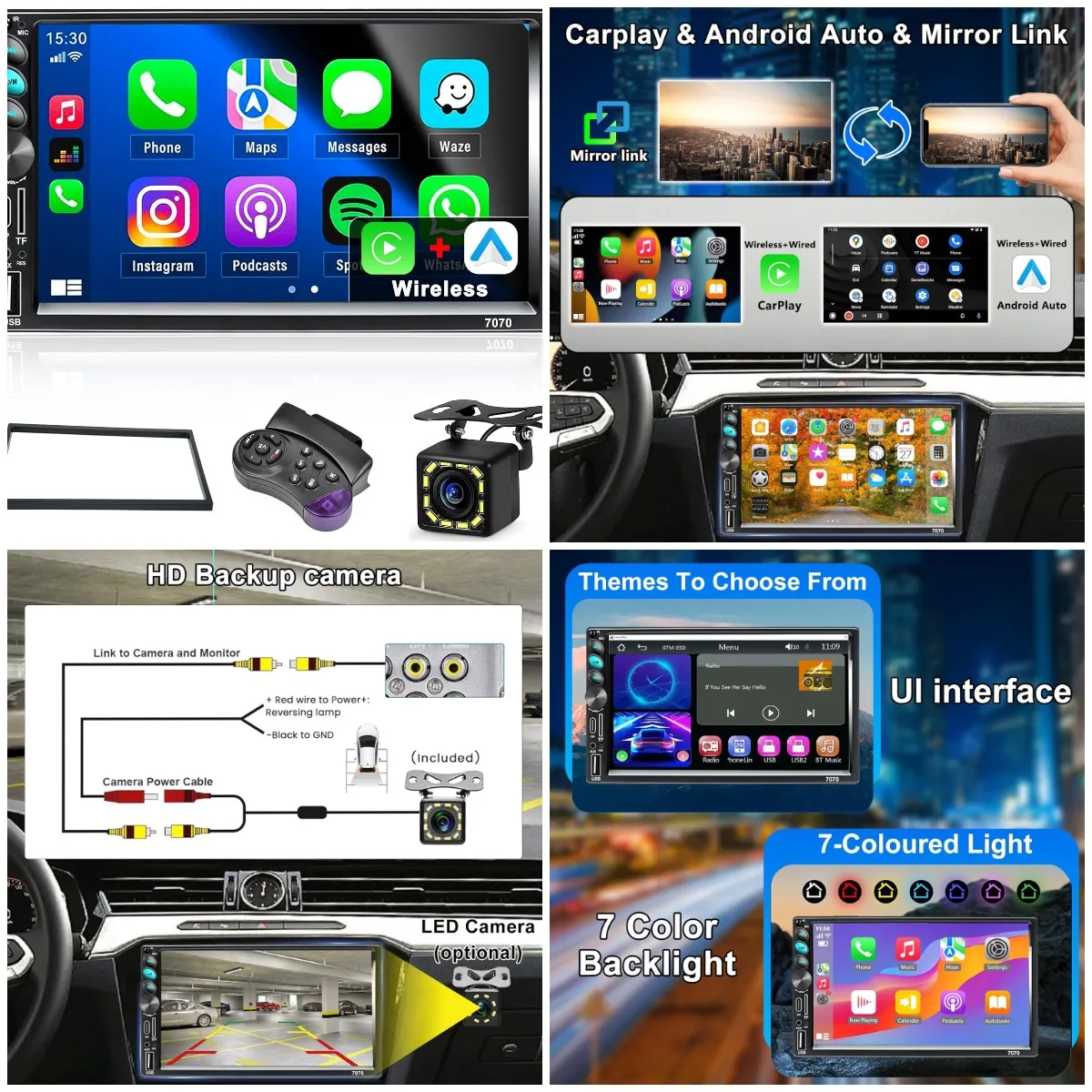

Double Din Car Stereo with Apple CarPlay, Android Auto, Bluetooth, Touchscreen, FM, USB, Type-C, Backup Camera
